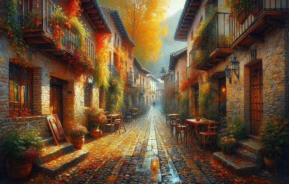 Осень, свет, деревья, город, улица, плитка, здания, дома