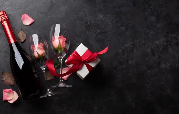 Любовь, цветы, подарок, романтика, розы, бокалы, love, happy