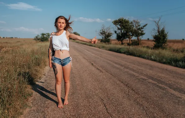 Картинка girl, road, Model, shorts, long hair, legs, trees, field