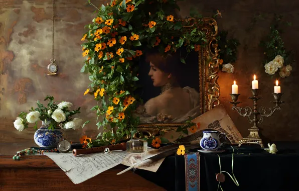 Картинка перо, свечи, гжель, Натюрморт со скрипкой и картиной