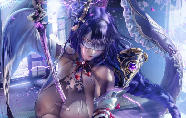 Kawaii, girl, sword, long hair, legs, nipples, boobs, woman