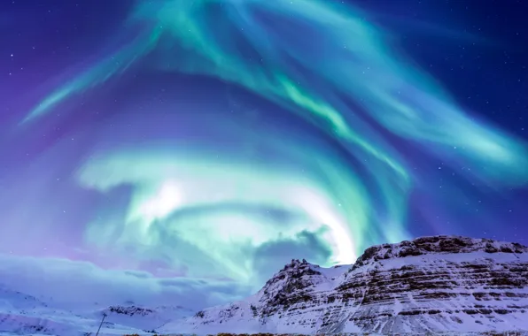 Aurora, mountain, snow