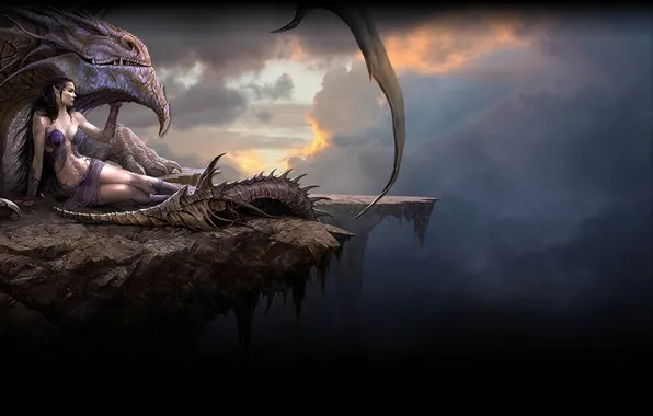 Девушка, облака, скала, обрыв, дракон, арт, эльфийка, Dragon Eternity