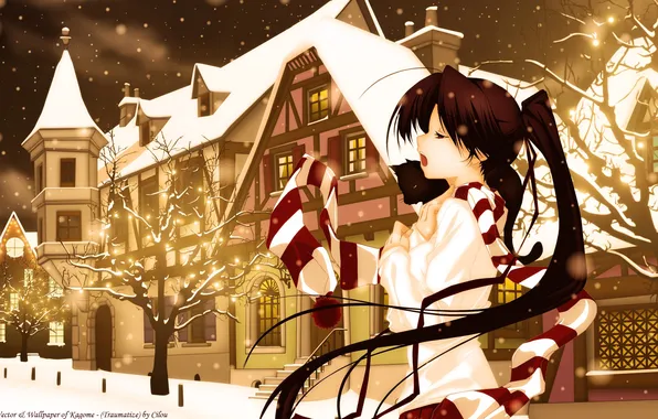 Картинка зима, кот, девушка, снег, деревья, ночь, праздник, дома