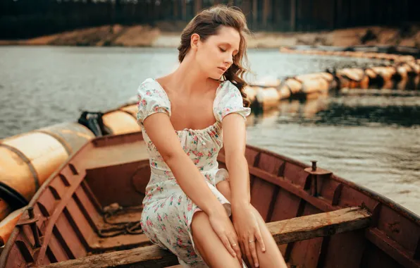 Trees, nature, lake, model, women, brunette, boat, sitting