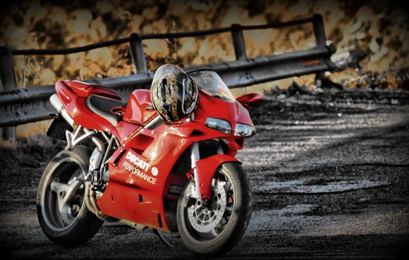 Red, bike, helmet, Ducati 748