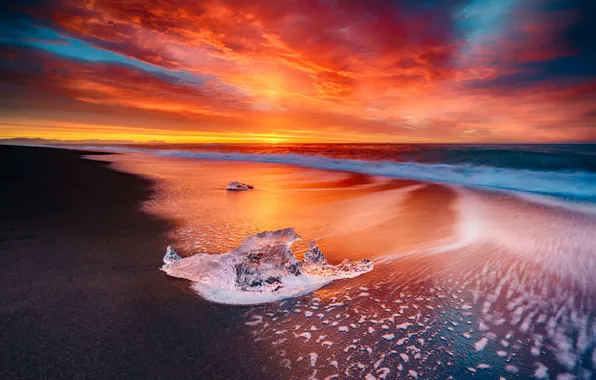 Картинка Sky, Fire, Beach, Sun, Water, Sunset, Iceland, Ice
