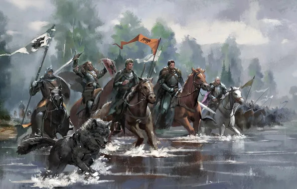 Картинка река, кони, армия, пес, рыцарь, король, знамя