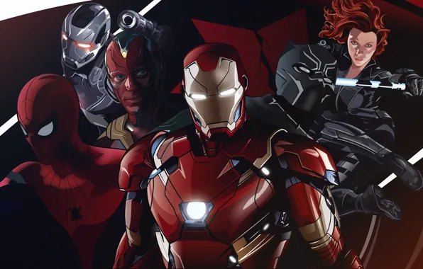 Фантастика, арт, Vision, Iron Man, комикс, костюмы, супергерои, Black Widow