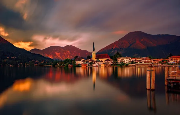 Картинка небо, закат, горы, озеро, отражение, Германия, Germany, Rottach-Egern