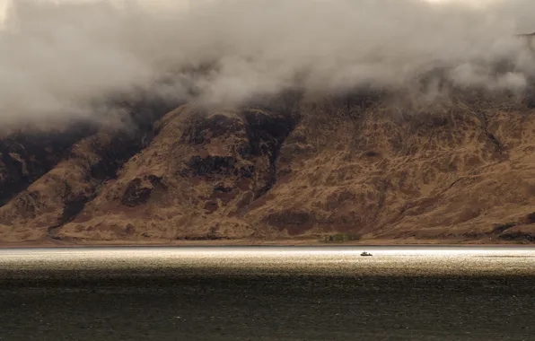 Море, облака, горы, лодка, sea, clouds, mountain, boat