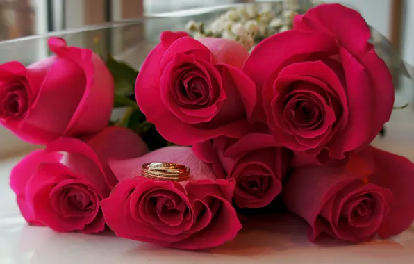 Цветы, розы, букет, кольца, свадьба