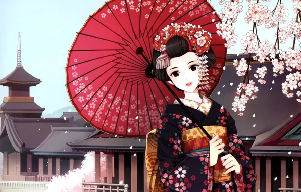 Девушка, зонт, сакура, арт, гейша, кимоно, nardack