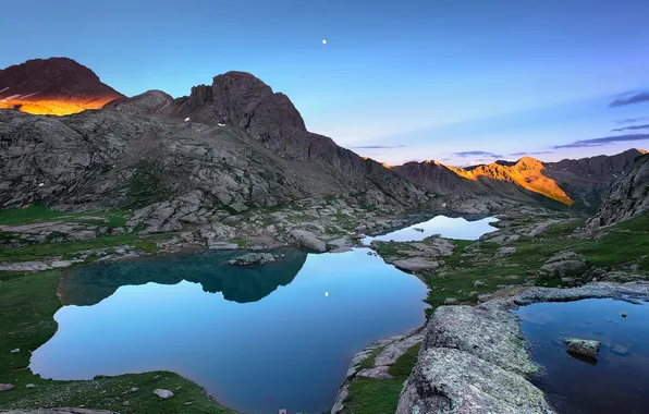 Вода, закат, горы, отражение, сумерки