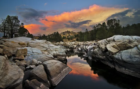 Закат, природа, река, камни, США, Kern River Valley