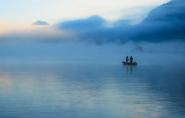 Туман, озеро, лодка, рыбалка, рыбаки