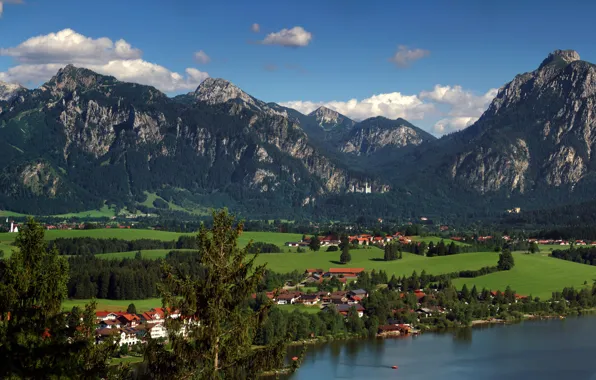 Картинка зелень, поле, лес, небо, солнце, облака, деревья, горы