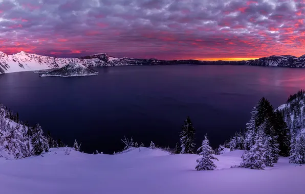 Зима, пейзаж, закат, панорама, США, Crater Lake, штат Орегон, Southern Oregon