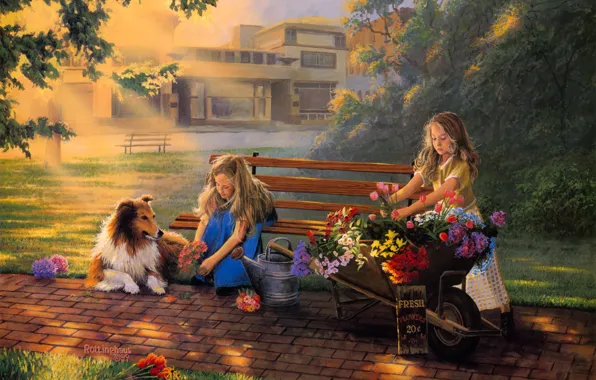 Картинка girls, dog, flowers, painting, bouquet, Little Bouquets, David Rottinghaus, selling flowers