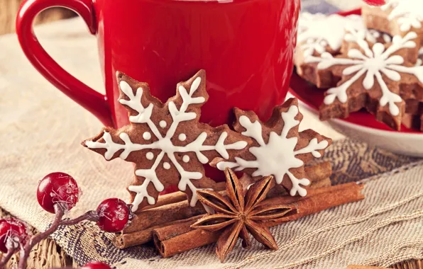 Снежинки, ягоды, Новый Год, печенье, Рождество, чашка, сладости, красные