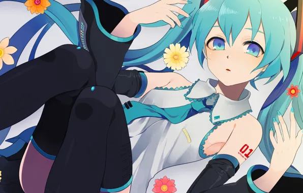 Девушка, цветы, аниме, арт, vocaloid, hatsune miku, harano