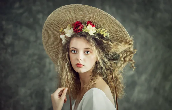 Взгляд, девушка, цветы, лицо, портрет, шляпа, блондинка, локоны