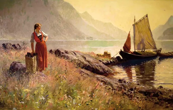 Картинка пейзаж, Норвегия, Norway, Hans Dahl, Möte på stranden, Встреча на берегу