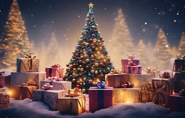 Decoration, Новый Год, подарки, gift boxes, украшения, tree, new year, balls