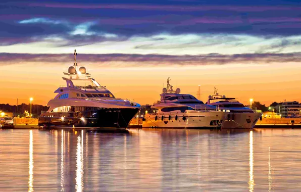 Город, яхты, вечер, порт, Хорватия, Далмация, Задар, Luxury yachts harbor at golden hour view