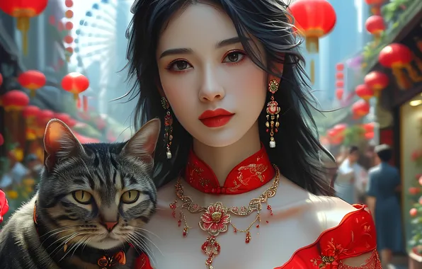 Кот, ожерелье, китаянка, азиатка, волосы длинные
