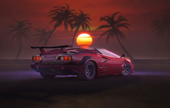 Закат, Солнце, Авто, Музыка, Lamborghini, Машина, Стиль, 80s