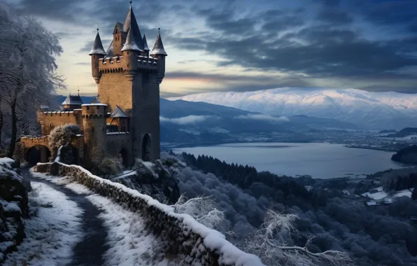 Зима, снег, горы, природа, озеро, замок, старый, landscape