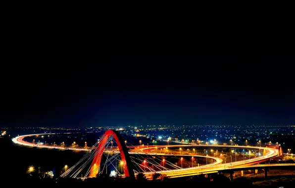 Картинка ночь, мост, город, огни, дороги