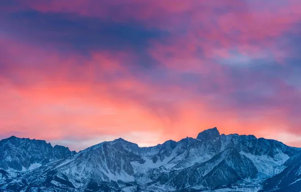 Картинка снег, пейзаж, закат, горы, природа, горный хребет