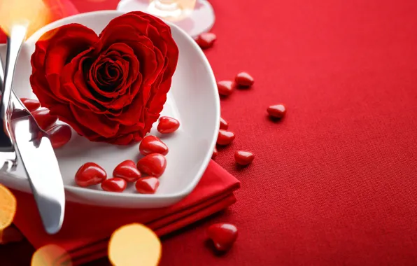 Red, love, rose, background, romantic, hearts, bokeh, valentine's day