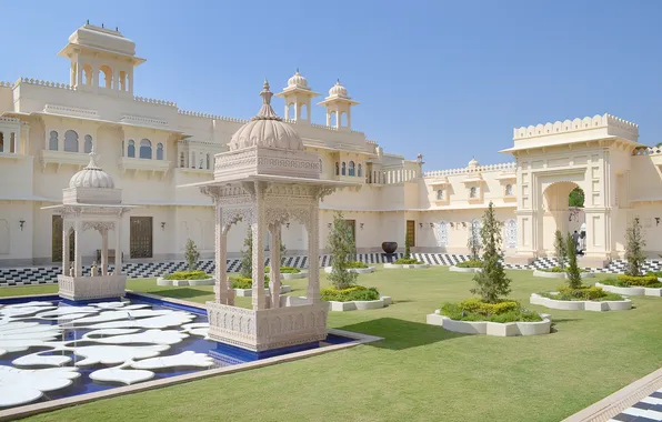 Картинка landscape, park, lake, hotel, luxury, india, lawn, rajasthan