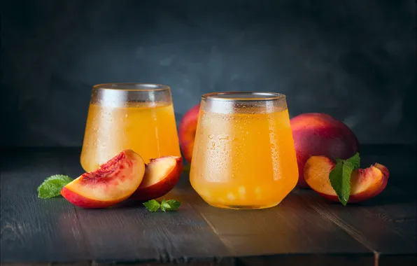 Картинка сок, стаканы, персики, дольки, персиковый сок, Максим Чикунов