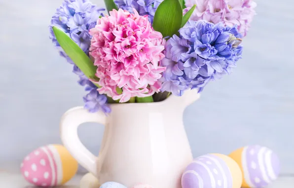 Картинка цветы, праздник, доски, яйца, Пасха, кувшин, Easter, крашенки