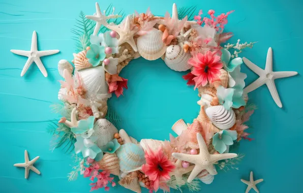Звезды, цветы, фон, ракушки, blue, flowers, background, marine