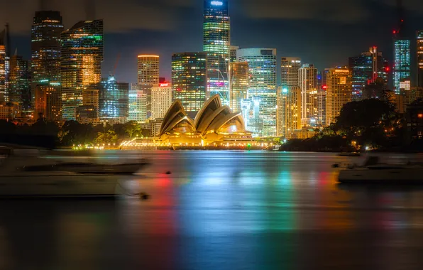 Здания, Австралия, Сидней, ночной город, небоскрёбы, Australia, Sydney, Sydney Opera House
