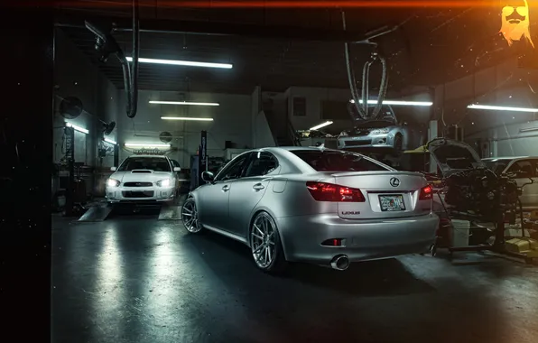 Картинка Lexus, Subaru, Impreza, мастерская, rear, silvery, подъёмник, IS 250