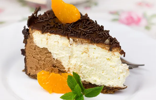 Сладость, шоколад, пирожное, cake, мята, chocolate, мандарин, mint
