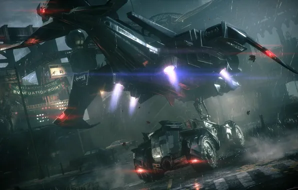 Ночь, самолет, Бэтмен, Готэм, Batman: Arkham Knight, бетмобиль