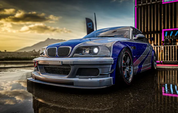 Car, drift, rain, sky, sunset, clouds, reflection, Forza Horizon