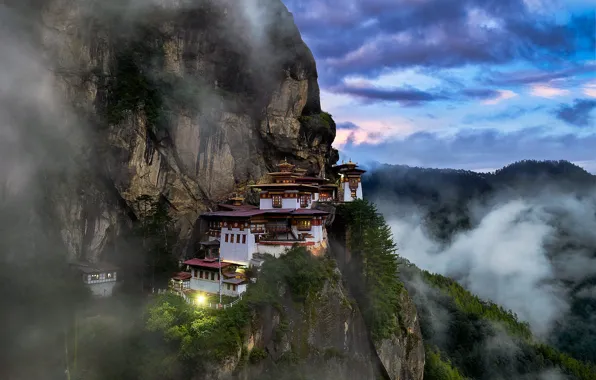 Облака, пейзаж, горы, природа, туман, скала, монастырь, Бутан