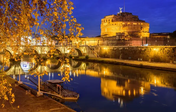 Картинка ночь, огни, отражение, река, Рим, Италия, Тибр, Замок Святого Ангела