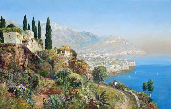 Цветы, Дома, Горы, Озеро, Деревья, Картина, Побережье, Alois Arnegger