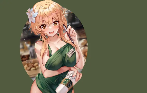 Green, girl, hot, sexy, boobs, anime, pretty, blonde