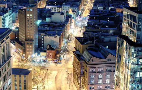 Картинка ночь, огни, нью-йорк, New York City, snow, St. Mark's, Astor Place