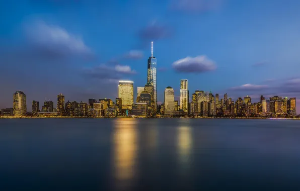 Ночь, город, вид, здания, дома, Нью-Йорк, небоскребы, панорама
